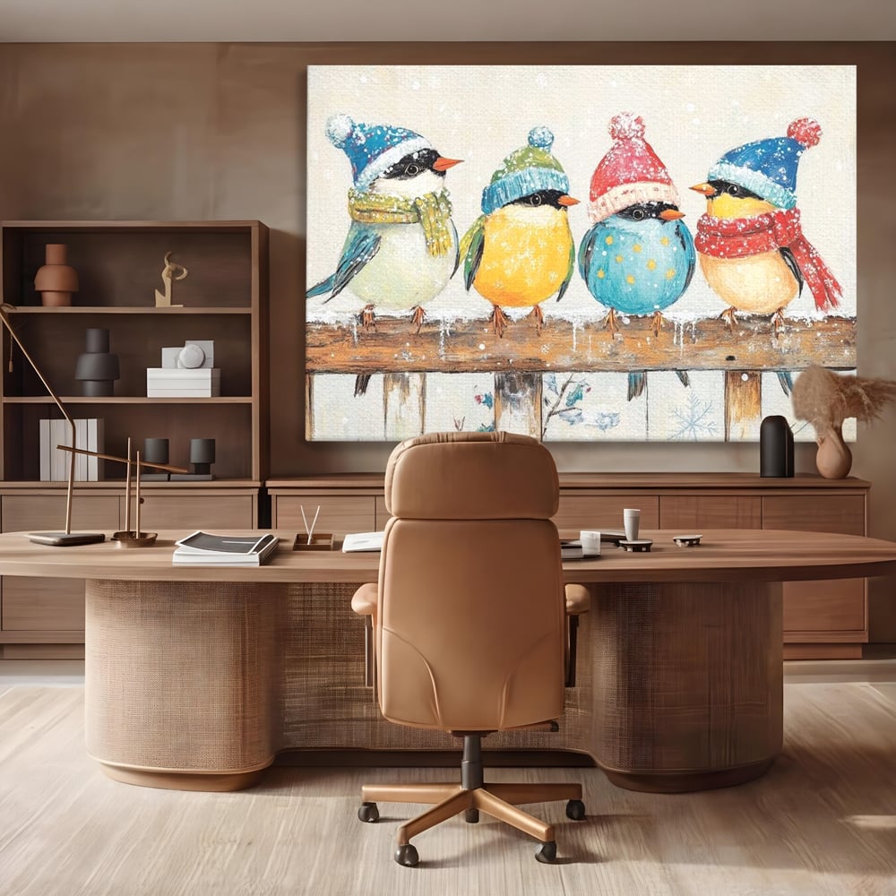 Tablou canvas cu tablou canvas cu vrabiute colorate in iarna, fara rama, pe sasiu de lemn, pe perete intr-un birou
